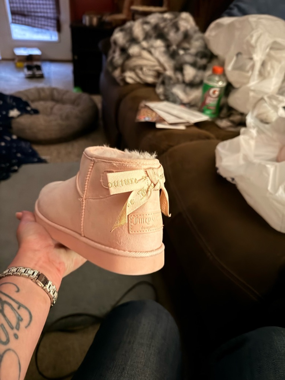 Juicy Couture Blush Pink Faux Fur Ankle Booties with Bow
